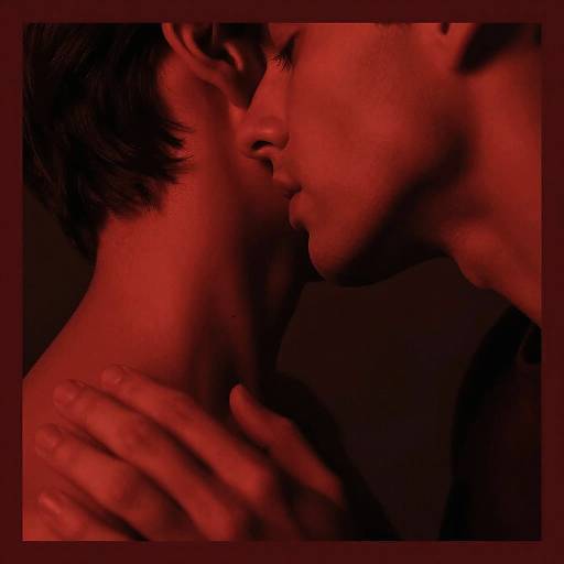 Intimate close-up photograph of two people kissing, bathed in red lighting. One hand gently touches the other's neck, emphasizing their emotional connection.