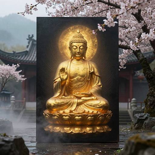 Golden Buddha Radiance in Misty Courtyard