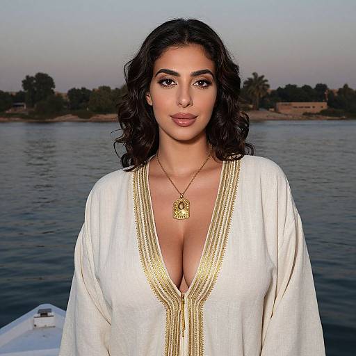 Photograph of a beautiful woman with curly black hair, olive skin, and full lips, wearing a deep V-neck white embroidered blouse and gold necklace,
