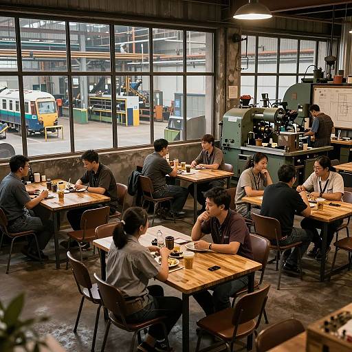 Factory Break Room Bustling Scene
