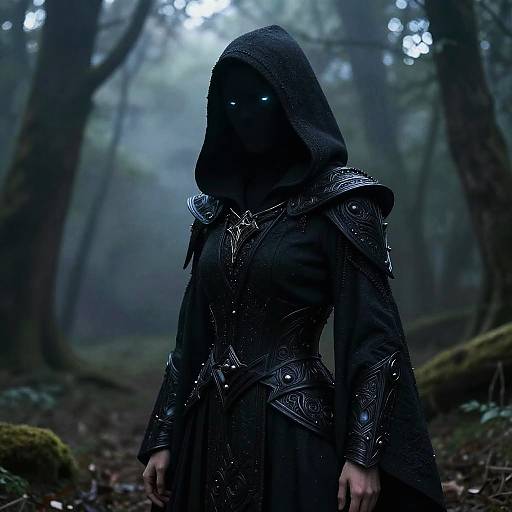 Mysterious Hooded Figure in Misty Forest