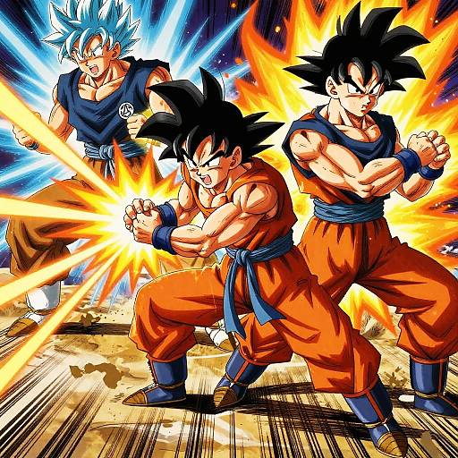Digital art of three muscular, spiky-haired Super Saiyans in orange and blue martial arts gear, emitting energy blasts, standing in a dynamic,