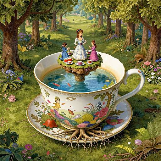 Digital illustration: Three doll-like girls in colorful dresses stand on a floating island in a teacup filled with blue water, surrounded by a vibrant,
