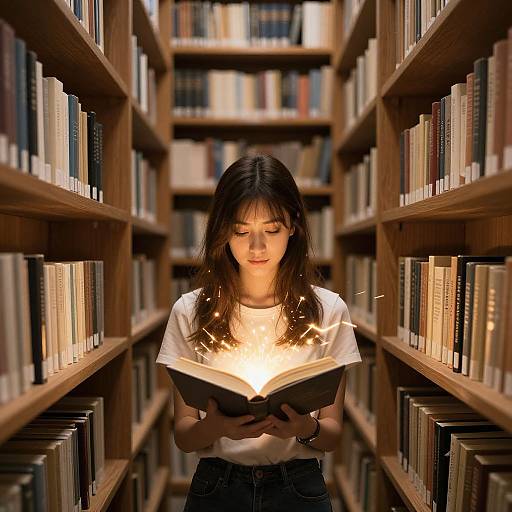 Photograph of a young woman with long brown hair, wearing a white t-shirt and dark jeans, reading a glowing book in a dimly lit library