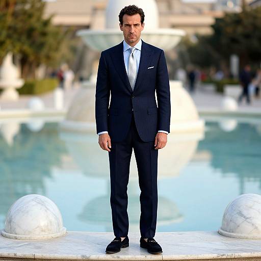 Photograph of a serious, dark-haired man in a black pinstripe suit, white shirt, and black shoes, standing in front of a blurry