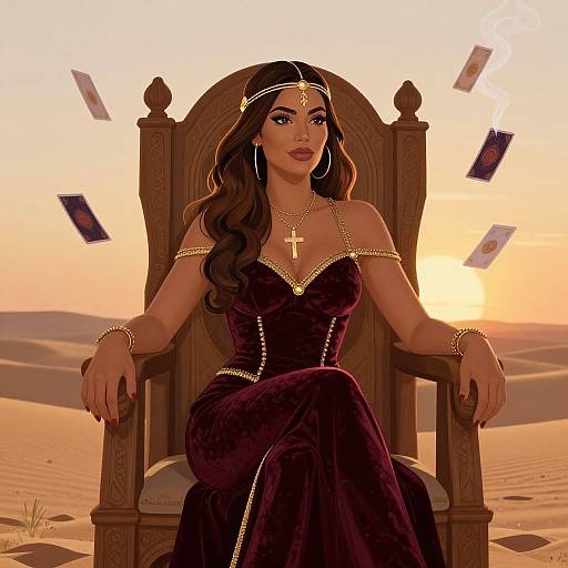 Digital art of a dark-haired woman with long waves, wearing a purple velvet dress and gold jewelry, sitting on a wooden throne in a desert at sunset