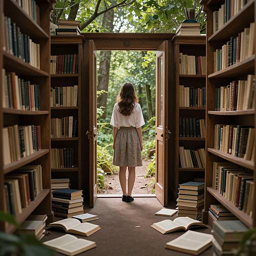 Photograph of a woman with wavy brown hair, white blouse, and plaid skirt, standing in a sunlit library doorway, facing lush green
