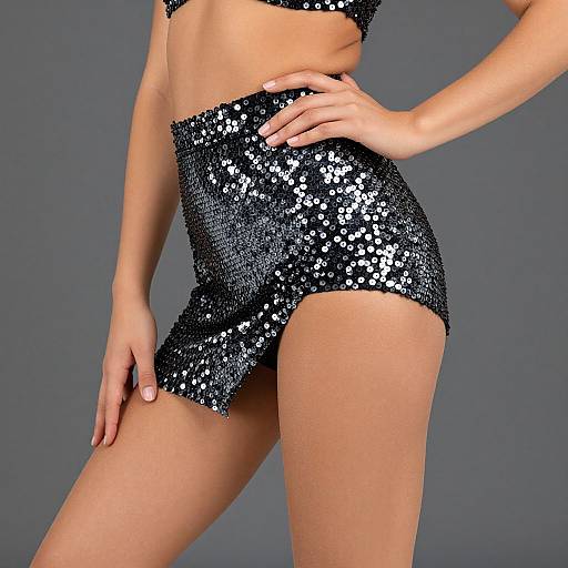 Photograph of a woman's midsection wearing a black sequined mini skirt and matching top, with a hand on her hip, against a gray background