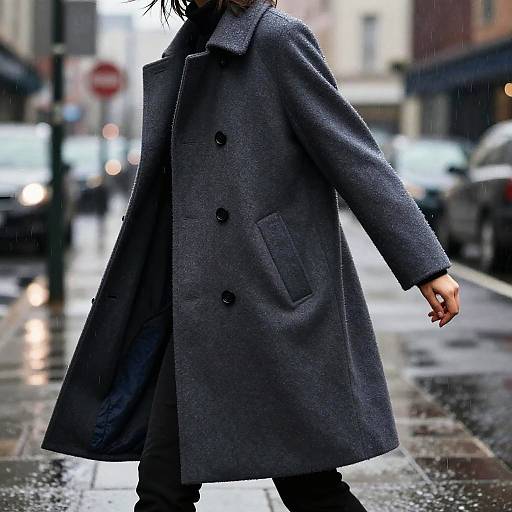 Photograph of a person in a long, dark gray, double-breasted coat walking on a rainy city street, blurred cars and buildings in the background