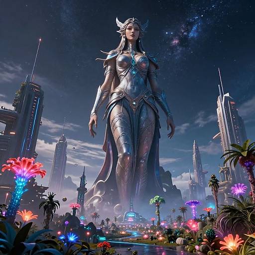 Digital artwork of a towering, armored, horned woman in futuristic cityscape at night, surrounded by colorful glowing flowers and skyscrapers.