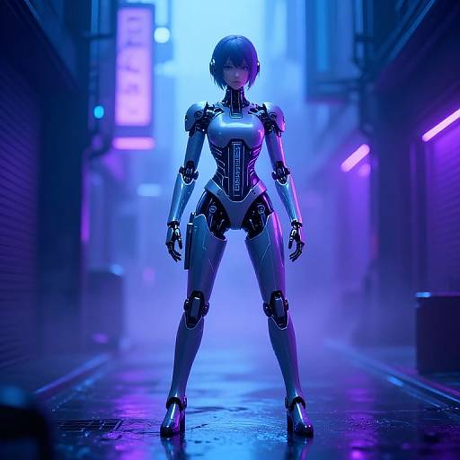 Cybernetic woman with sleek metallic armor stands confidently in a neon-lit, futuristic alley, illuminated by blue and purple lights. Digital art.