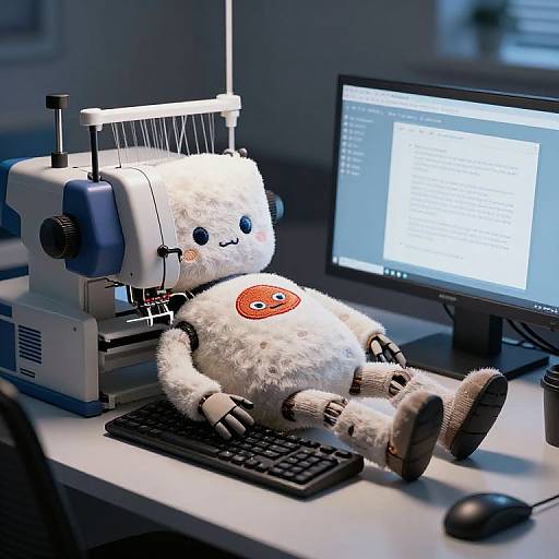 Unhappy Plush Robot on Computer Desk with Embroidery Machine
