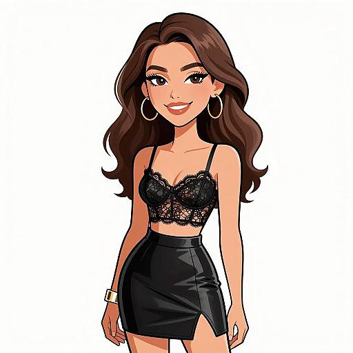 Digital cartoon of a smiling woman with long brown hair, wearing a black lace crop top and high-waisted black leather skirt, large hoop earrings,