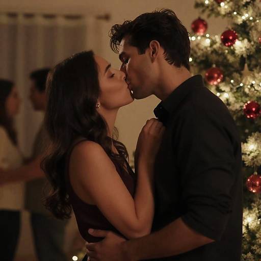 Intimate Christmas Couple Kissing in Warm Lights