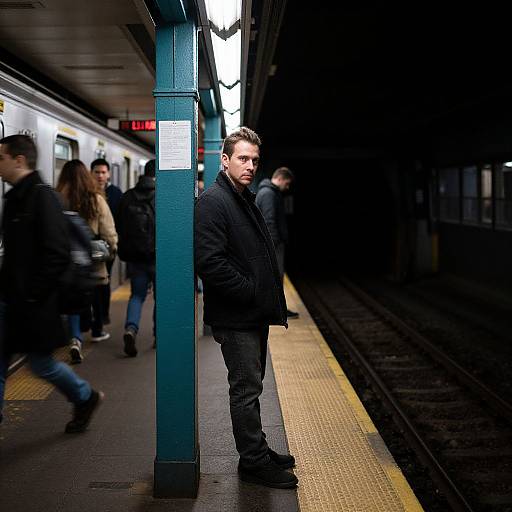 Photograph of a serious, Caucasian man in a black coat standing alone on a dimly lit, busy train platform. Blurred pedestrians in winter clothing