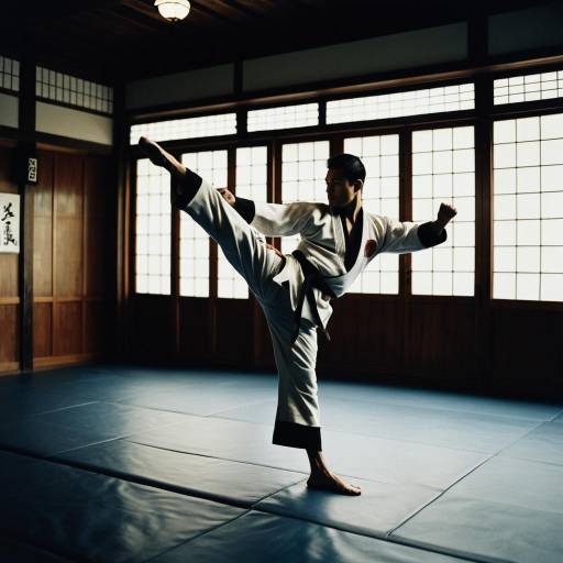 Martial Artist Performing High Kick in Dojo