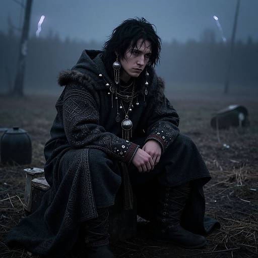 Photograph of a brooding, dark-haired man in a fur-trimmed, silver-studded cloak, seated on a stump in a misty
