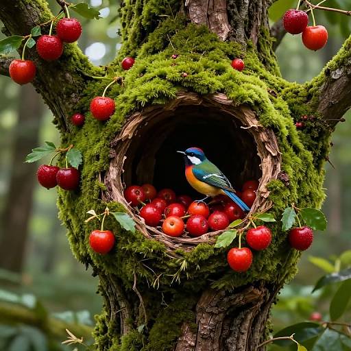 Photograph of a vibrant bird with blue, green, and orange feathers perched in a moss-covered birdhouse filled with red cherries, attached to