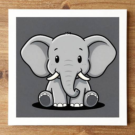 Cute cartoon gray elephant with large ears, white tusks, and black eyes, sitting on a dark gray background, framed with a white border on