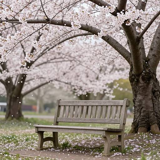 Photograph of a weathered wooden bench under blooming cherry blossom trees, with pink petals softly falling, creating a serene spring scene.