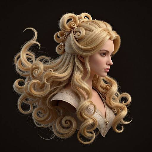 Digital artwork of a fair-skinned, blonde woman with voluminous, curly hair adorned with gold accents, wearing a white, medieval-style garment, against