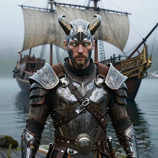Photograph of a Viking warrior with horned helmet, detailed silver armor, and intense gaze, standing in front of a foggy seascape with a