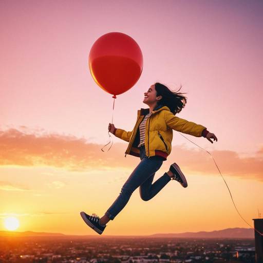 Whimsical Girl with Red Balloon at Sunset Whimsical Girl with Red Balloon at Sunset
