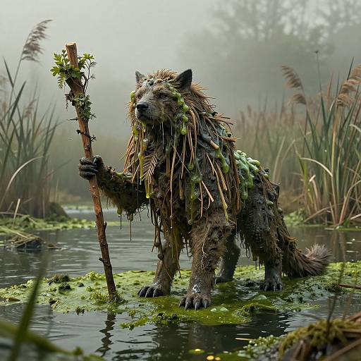 Photorealistic CGI of a wolf-like creature standing in a misty swamp, adorned with plant material, holding a wooden staff. Dense reeds and
