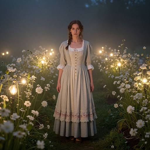 Photograph of a young woman in a vintage, cream-colored, checkered dress with lace trim, standing in a misty field of white flowers illuminated