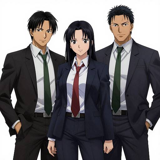 Digital anime-style drawing of three people in black suits; two men with green ties and one woman with a red tie.