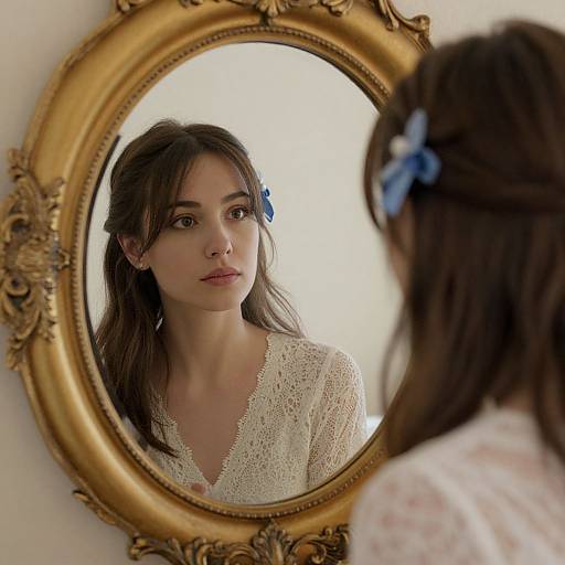 Photograph of a young woman with long brown hair, blue flower hairpin, and lace blouse, reflected in an ornate gold-framed mirror.