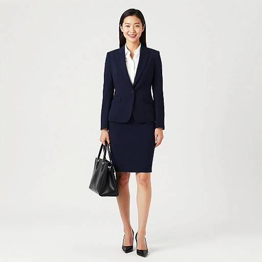 Photograph of a smiling Asian woman in a navy blue blazer, knee-length skirt, white shirt, black heels, and black handbag, standing