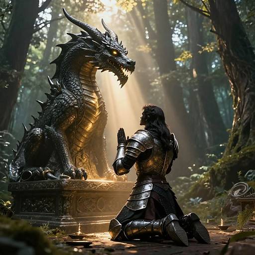 A knight kneels before a glowing, fierce dragon statue in a sunlit forest, sunlight streaming through dense trees. CGI fantasy artwork.