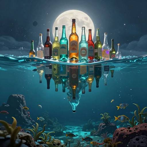 Digital artwork of colorful bottles floating underwater at night, illuminated by a full moon, with fish and coral in the foreground.