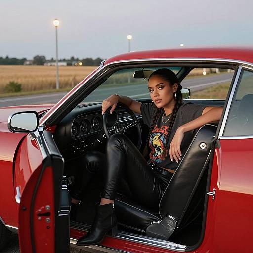 Young Woman in Red Classic Muscle Car