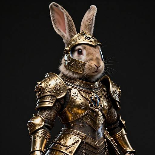 Photorealistic CGI of a rabbit in ornate, medieval-style gold armor with intricate patterns, standing against a black background.