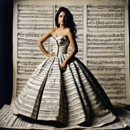 Elegant Latina Model in Music Sheet Gown