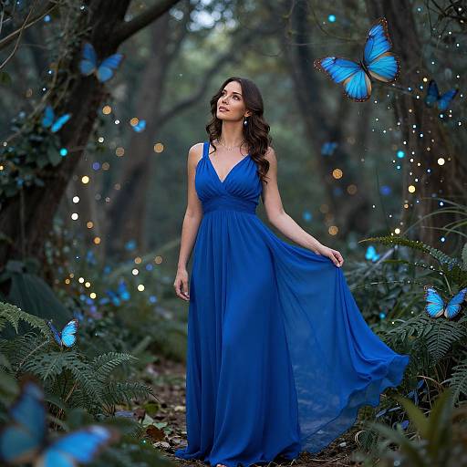 Photograph of a brunette woman in a flowing blue dress, surrounded by glowing blue butterflies and soft forest lights.