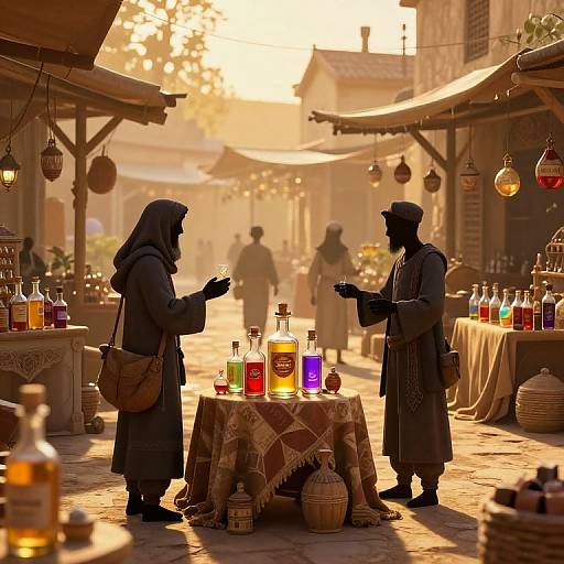 Photograph-style CGI: Two silhouetted Middle Eastern men in traditional robes, standing at a sunset-lit market stall with colorful bottles and pattern