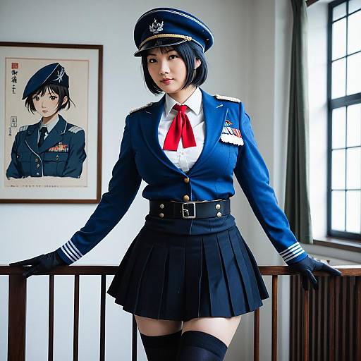 Photograph-style digital image of an Asian woman in a blue military-style uniform with a red necktie, black pleated skirt, and black thigh-high