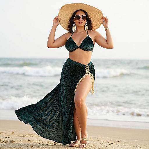 Photograph of a stylish woman in a black patterned bikini and flowing skirt, wearing a straw hat and large earrings, standing on a sunny beach with