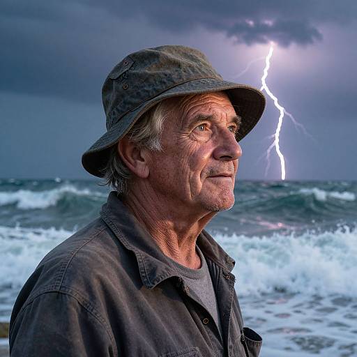 Photograph of an elderly white man with weathered skin, gray hair, and green eyes, wearing a camouflage bucket hat and dark shirt, standing on