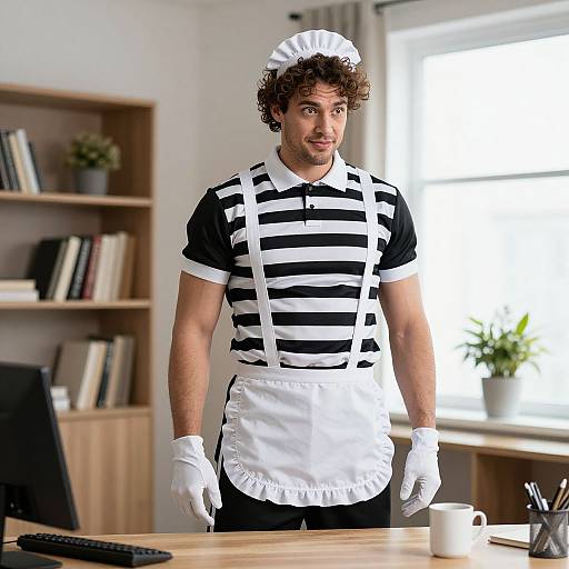 Photograph of a curly-haired, bearded man in a black-and-white striped maid outfit with apron, gloves, and headpiece, standing in