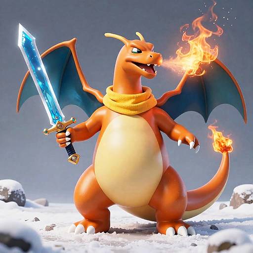 Digital artwork of Charizard, an orange dragon-like Pokémon, wielding a glowing blue sword and breathing fire, standing in a snowy landscape.