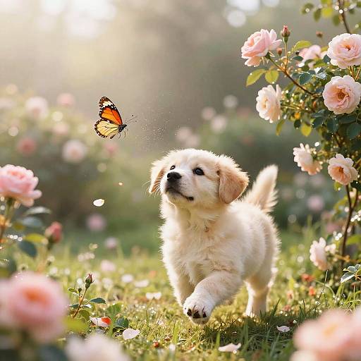 Playful Puppy in Sunlit Rose Garden