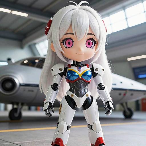 Chibi-style anime girl with long white hair, pink eyes, and white armored suit standing in a brightly lit hangar next to a jet. Phot