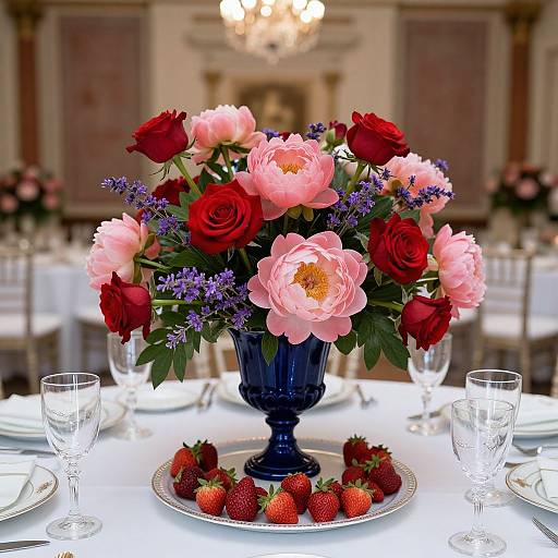Photograph of a vibrant floral centerpiece with pink and red roses, purple lavender, in a blue vase, surrounded by strawberries, crystal glasses, and white