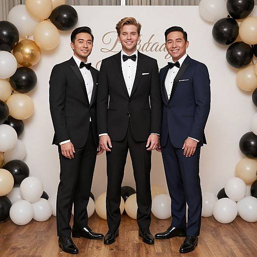 Photograph of three smiling men in black tuxedos with white shirts and black bow ties, standing in front of a white backdrop with black and