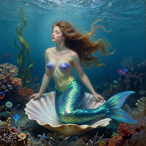 Photograph of a beautiful, fair-skinned mermaid with long red hair and shimmering green scales, floating underwater, surrounded by colorful coral and seaw