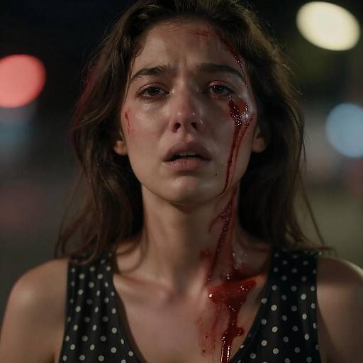 Distressed Woman with Blood on Face and Neck